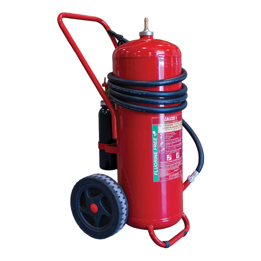 LALIZAS 50L Wheeled Fire Extinguisher – PFAS-Free Foam (Cartridge Operated, Stainless Steel, SOLAS/MED Approved)